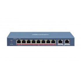Switch 8 porturi PoE Hikvision DS-3E1310HP-EI prezinta 1 × 10/100 Mbps Hi-PoE port, 7 × 10/100 Mbps PoE ports, and 2 × 10/100/10