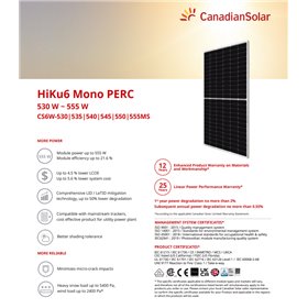 Panou Solar Fotovoltaic Monocristalin HiKu6 Mono PERC CS6W-555MS Silver Frame, max. 1500V, lungime cablu 410mm, conector T6, 555